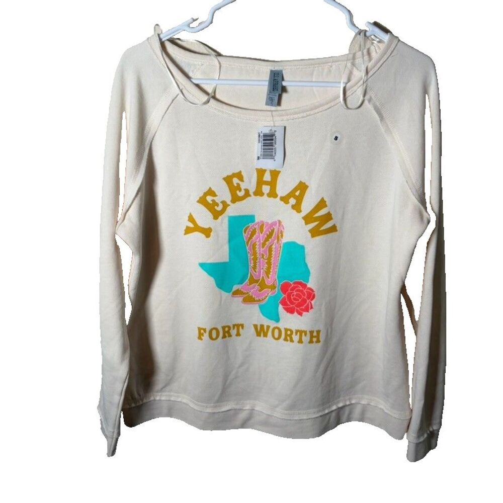 US Apparel Sweatshirt Women's Small Ivory Yeehaw Fort Worth Round Neck NWT
